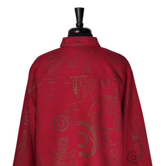 Chico’s Women’s 3 XL 16 Red Bronze Asian Symbol Faux Suede Button Up Artwear Top - Picture 7 of 9